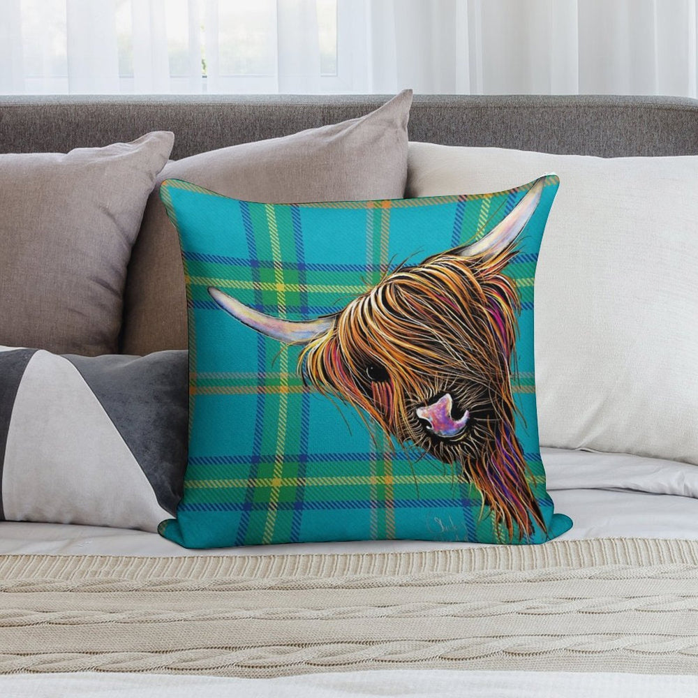 SCoTTiSH HiGHLaND CoW ' TaRTaN NooDLeS B ' by SHiRLeY MacARTHuR Soft Multiple Sizes Throw Pillow