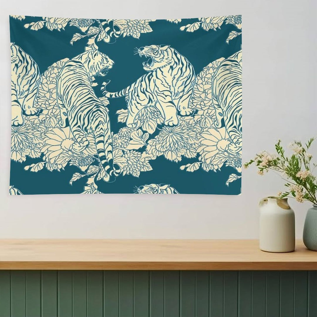 Teal And Cream Tigers And Flowers Tapestry