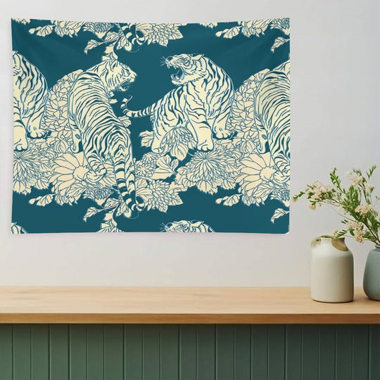 Teal And Cream Tigers And Flowers Tapestry