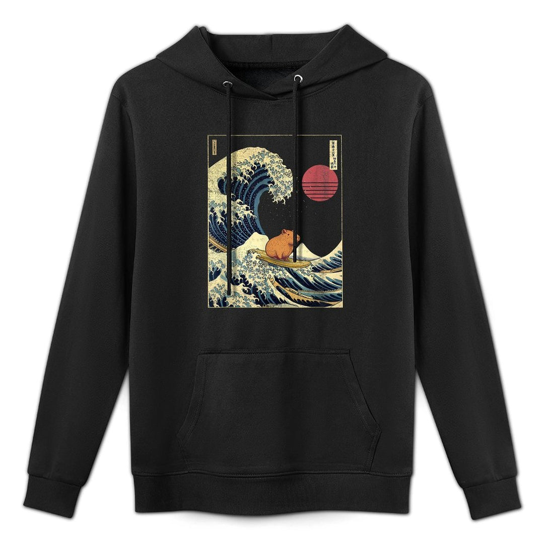 Capybara Japanese Kanagawa Wave Funny Surf Animal Machine Washable Hoodie