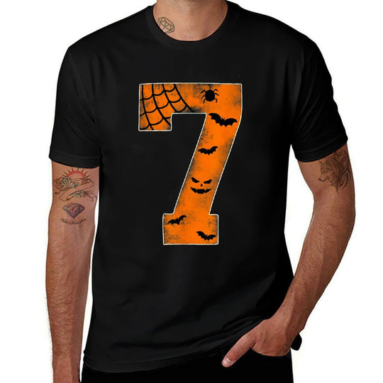Number 7 7th Birthday Boy Seven Halloween Happy Birthday  Ribbed Collar T-Shirt