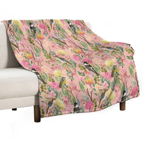Australian Birds And Blooms Native Flora Chinoiserie Velvety-soft Throw Blanket