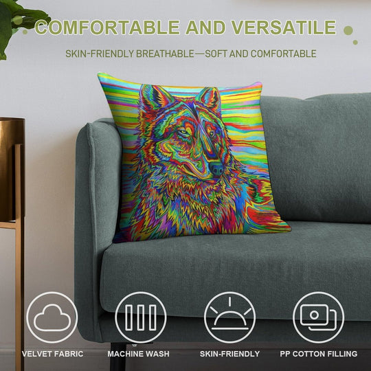 Colorful Psychedelic Rainbow Trippy Wolf Soft Decorative Cover Throw Pillow