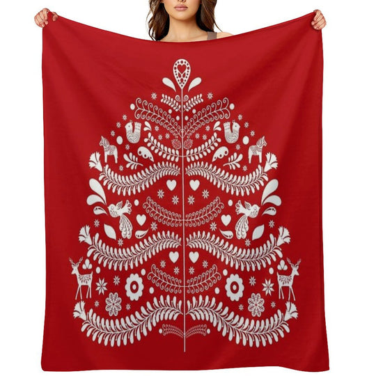White Scandinavian Christmas Tree on Red Versatility Throw Blanket
