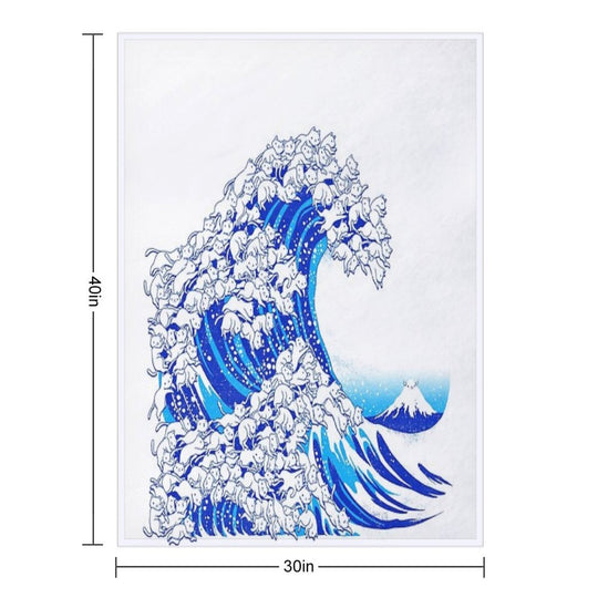 Kanagawa Cat Wave White Machine-washable Throw Blanket