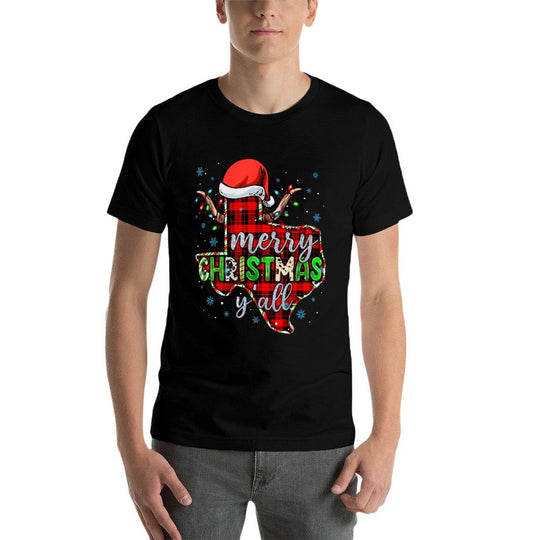 Funny Merry Christmas Yall Texas State Red Plaid Santa Hat  Moisture-wicking T-Shirt