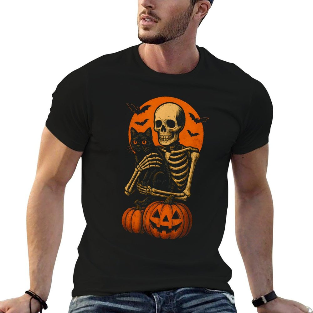 Skeleton And Cute Cat Black Kitten for Halloween Costume  Trendy Pattern T-Shirt