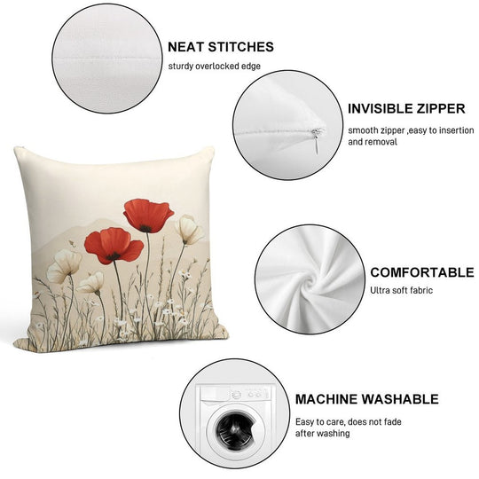 Red Poppies In Bloom Soft Reinforced Edging Throw Pillow
