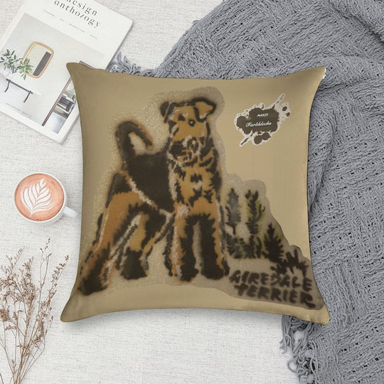 An Airedale Terrier Stands in The Meadow Soft Fade-Resistant Throw Pillow