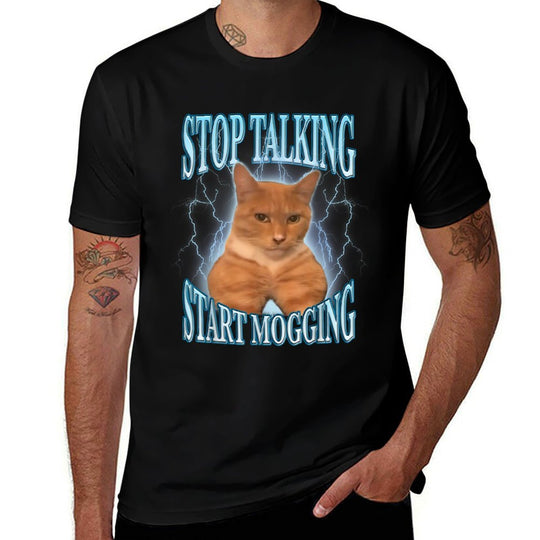 Stop Talking, Start Mogging Funny Cat Meme Mog Men Women Kids  Summer-ready Fabric T-Shirt