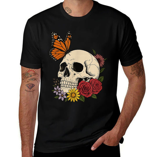 Skulls Monarch Butterfly Flowers Halloween Men Women  Classic T-Shirt