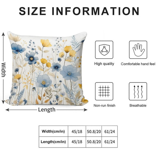 Blue And Yellow Wildflowers, Watercolour  Boho Flowers Soft Shrink-Resistant Throw Pillow