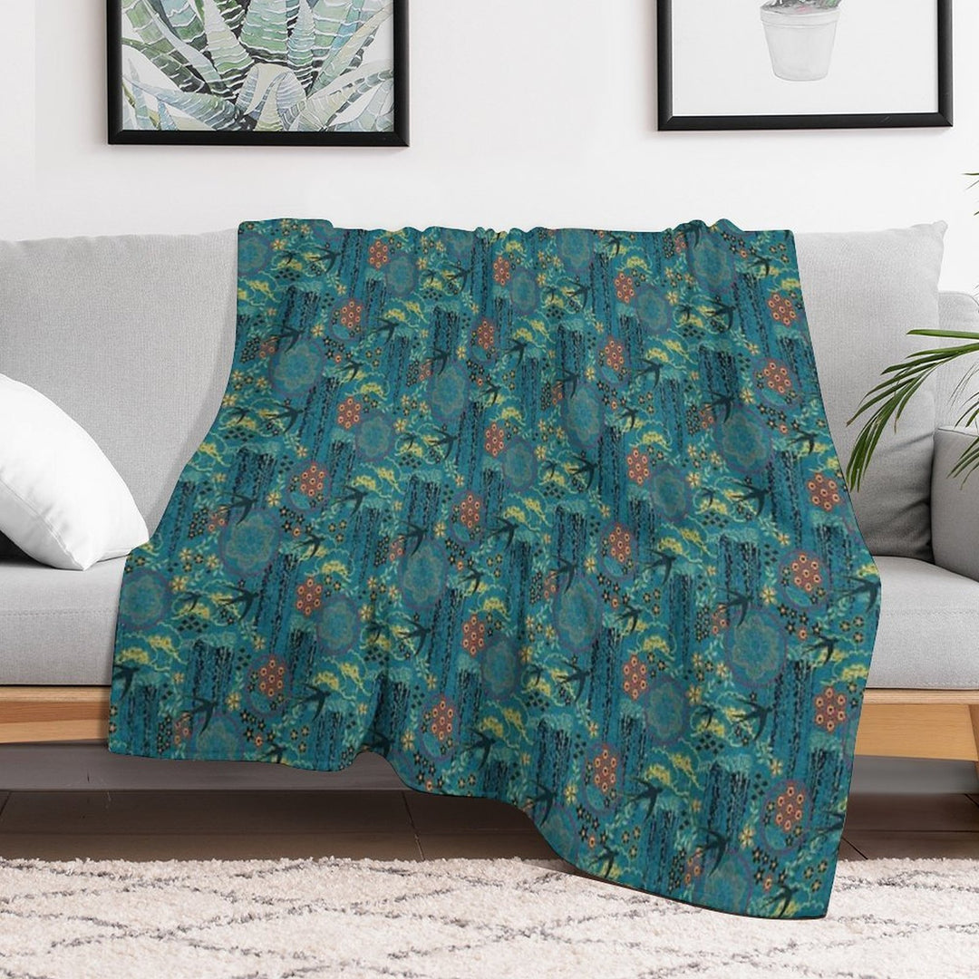 Japanese Garden in Teal Gold Red And Black Wrinkle-free Throw Blanket