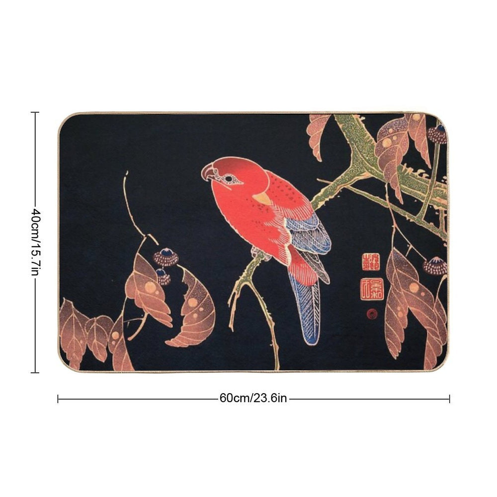 Ito Jakuchu - Red Parrot on The Branch of A Tree  Absorbent Bath Mat