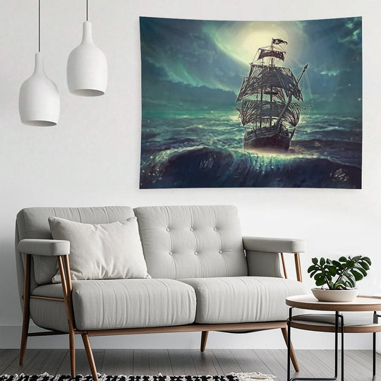 Ghost Pirate Ship at Night Tapestry