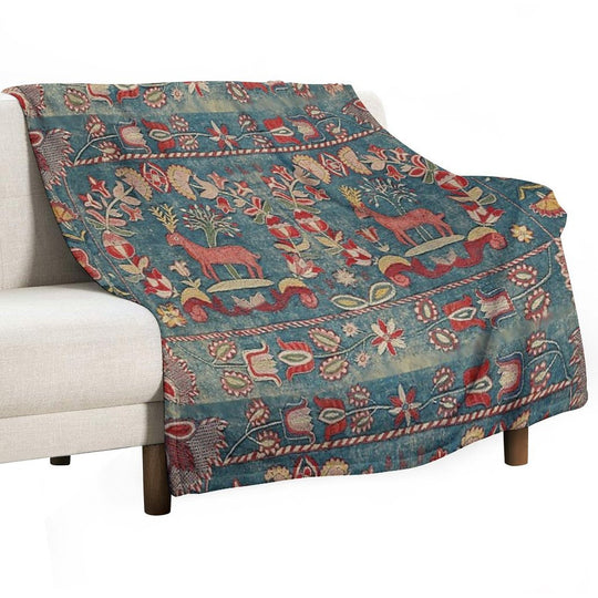 ANTIQUE  RED BLUE SWEDISH TAPESTRY WITH DEERS AND FLOWERS Shrink-resistant Throw Blanket