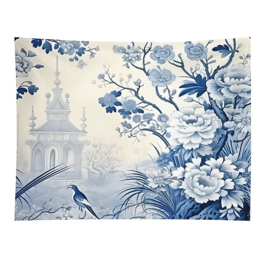Cerulean Pastoral Pavillion Chinoiserie Tapestry