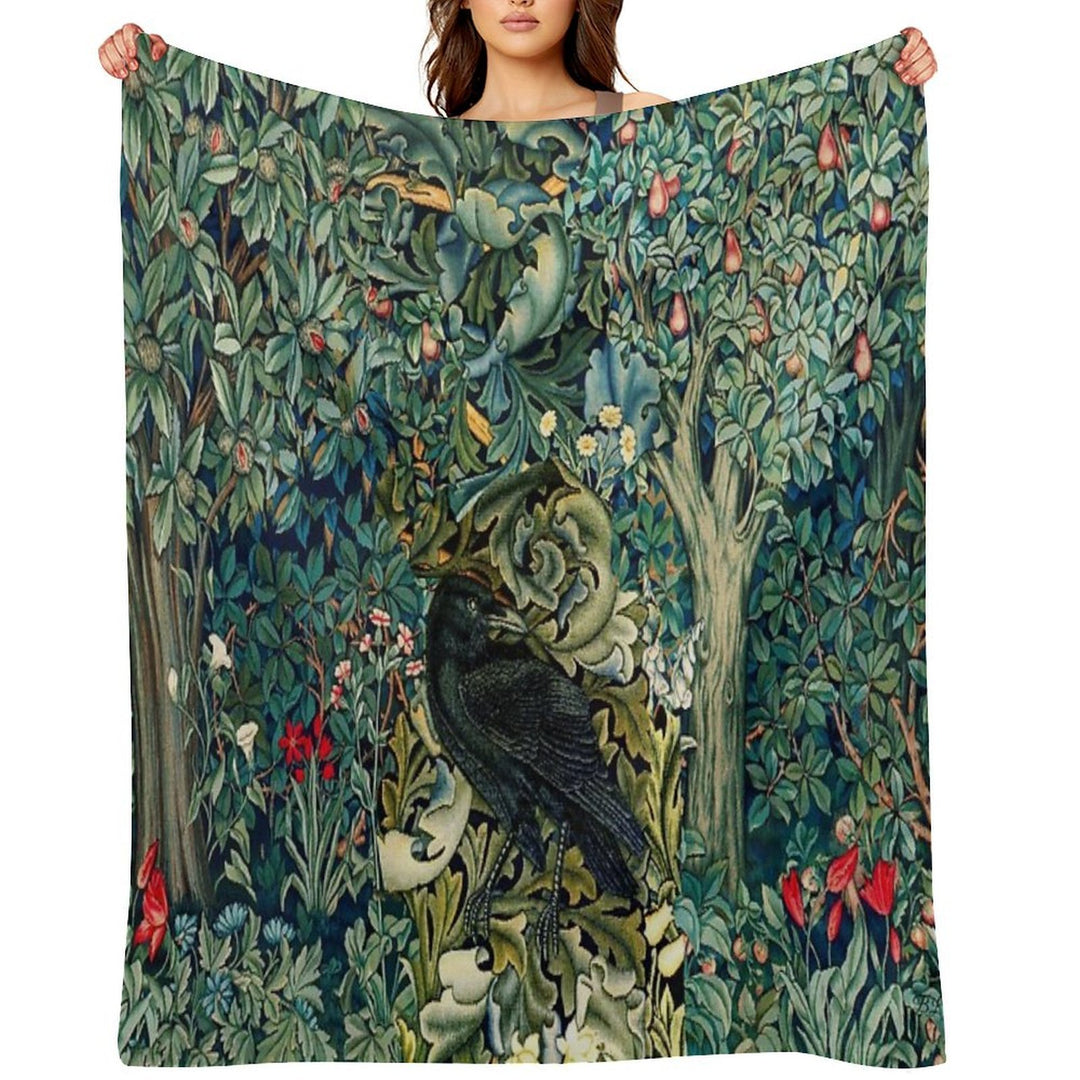 GREENERY, FOREST ANIMALS ,RAVEN ON ACANTHUS LEAVES Blue Green Floral Comfort Throw Blanket