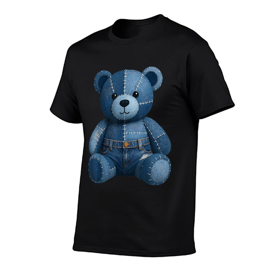 Funny Denim Patch Animal Bear Print Patchwork Art  Fade-proof Color T-Shirt