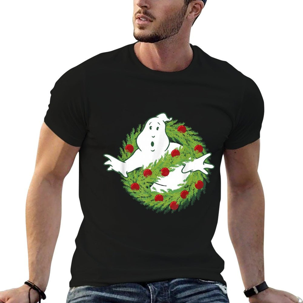 Ghostbusters Classic Logo Christmas Wreath Graphic  Rolled Sleeves T-Shirt