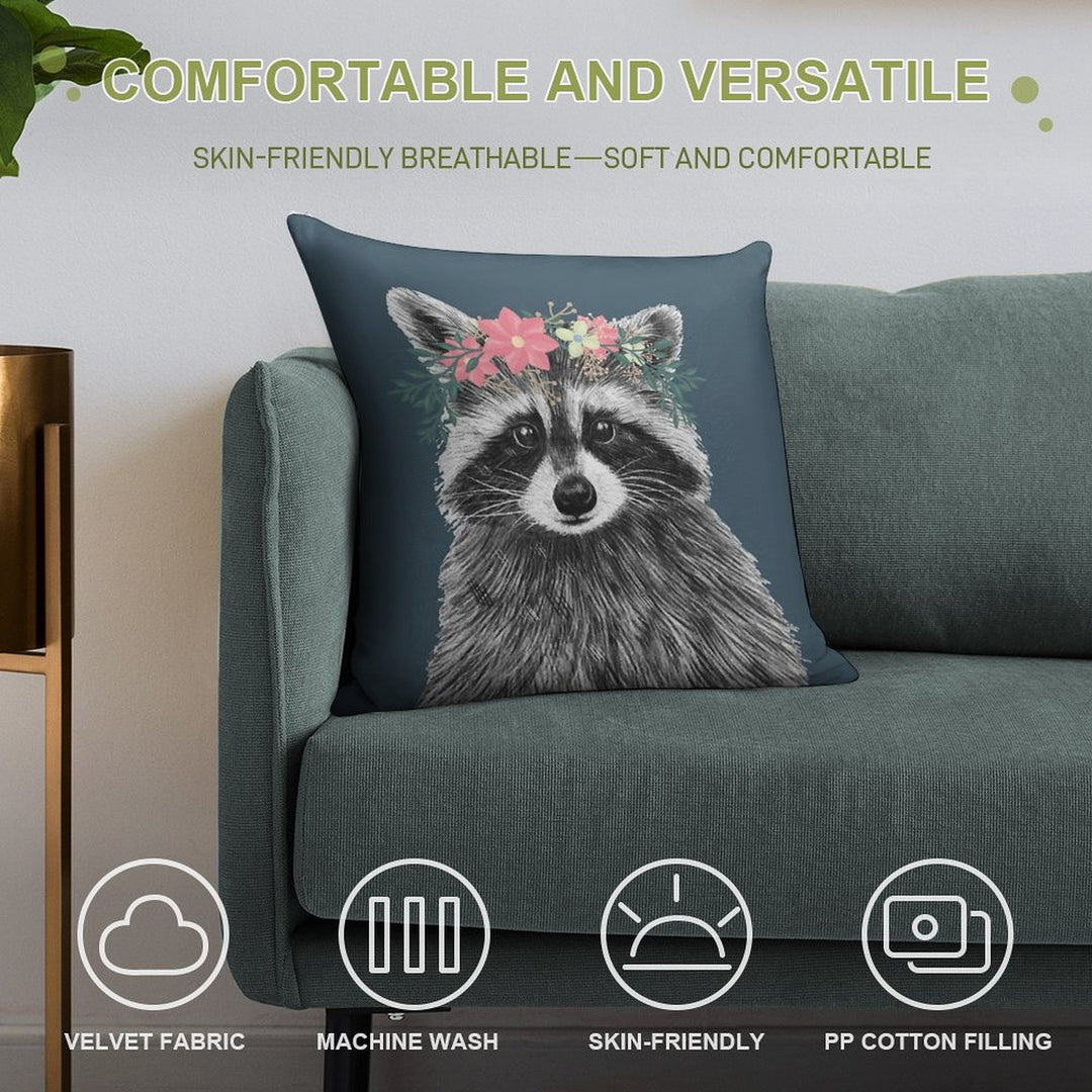 Raccoon Floral Crown Flowers Funny Cute Animal Raccoon Gift Soft Ultra-Soft Texture Throw Pillow