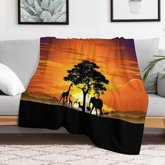 Wild Animals on African Savanna Sunset Velvety-soft Throw Blanket