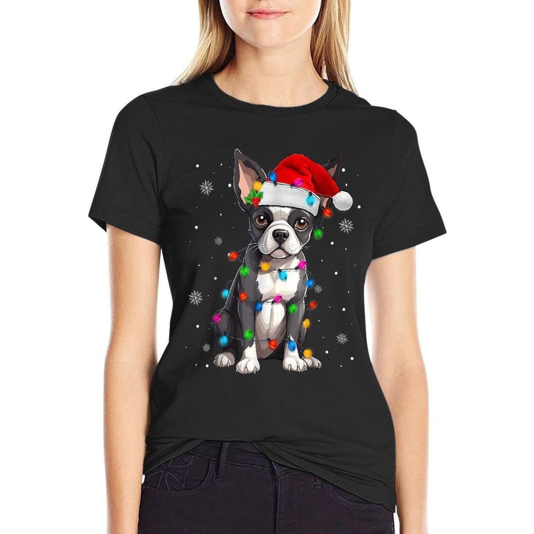 Boston Terrier Christmas Santa Hat Tree Lights Pajama  Wrinkle-resistant T-Shirt