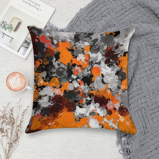 Orange And Grey Paint Splatter Soft Hidden Zipper Throw Pillow