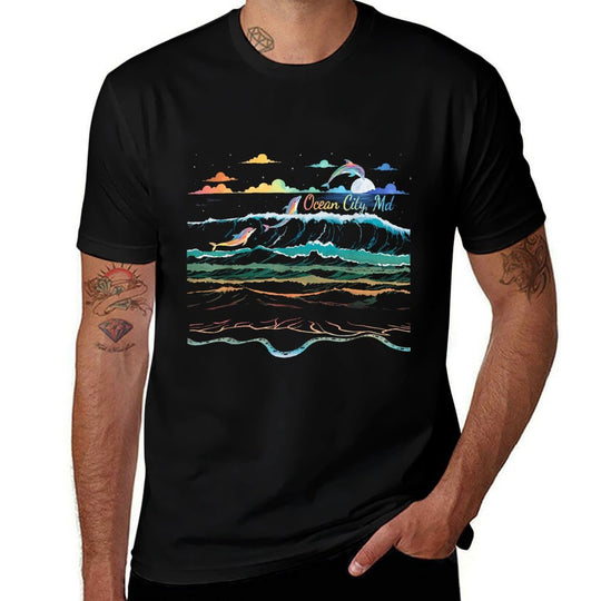 Ocean City Beach MD Vacation Colorful Dolphin Lover Art  Wrinkle-resistant T-Shirt