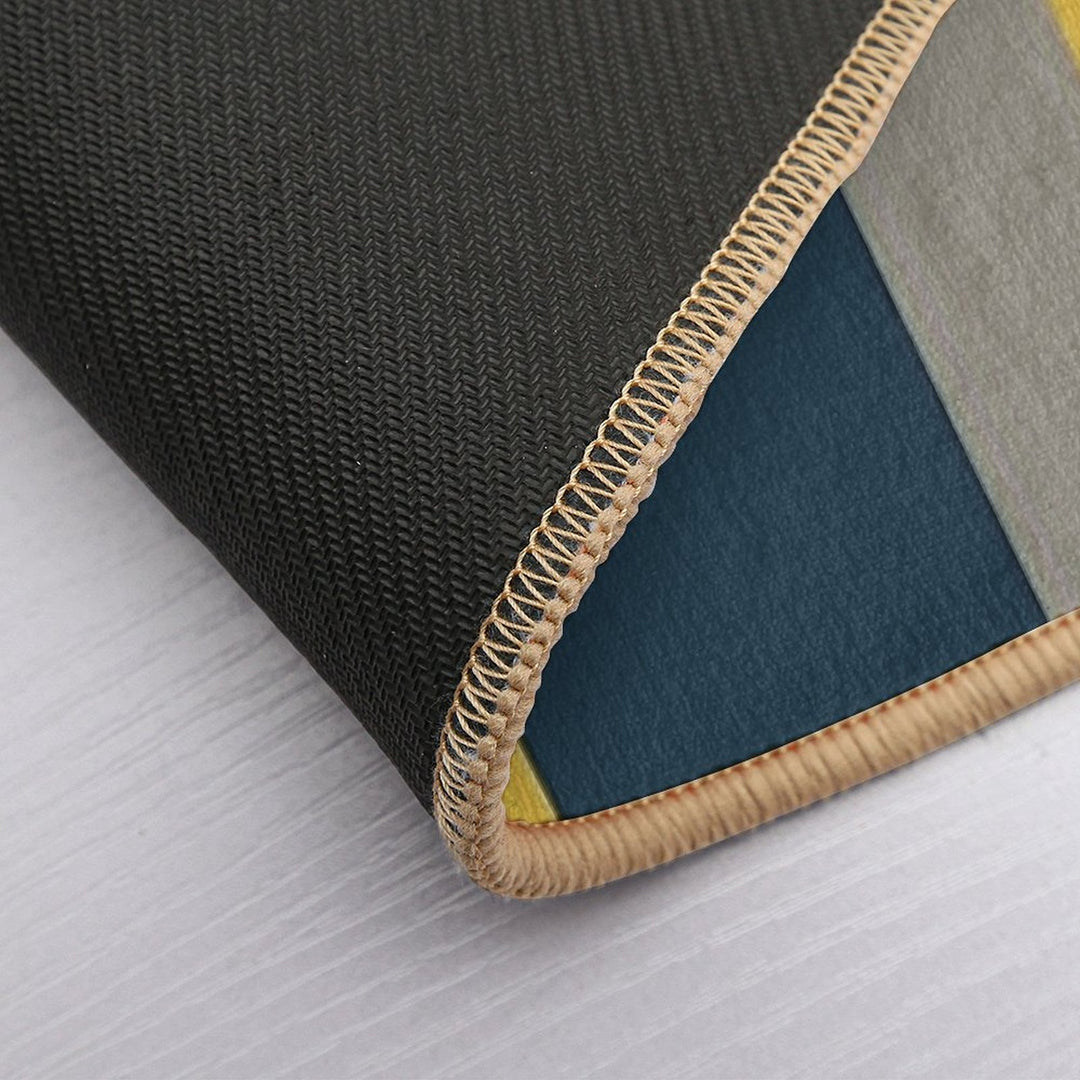 Half Frame Minimalist Geometric Pattern 2 in Mustard Yellow, Navy Blue, And Grey  Repositionable Bath Mat