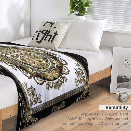 Ornate Baroque White Gold Black Greek Key Meander Sustainable Throw Blanket