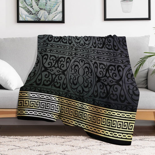 Greek Key Ornate Black & Gold Wrinkle-free Throw Blanket