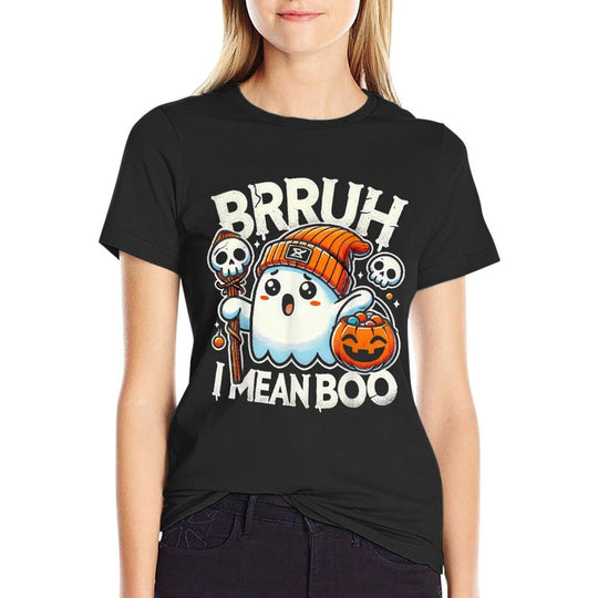Bruh Ghost Halloween Cute Ghost Bruh I Mean Boo Candy Kids  Graphic-printed T-Shirt