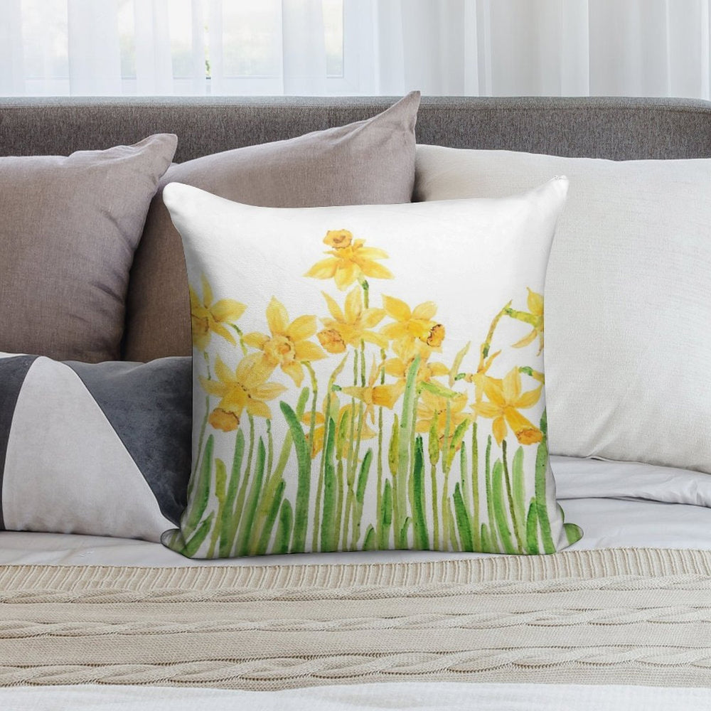 Hand Painted Yellow Daffodils Field Watercolor Soft Warmth Comfort Throw Pillow