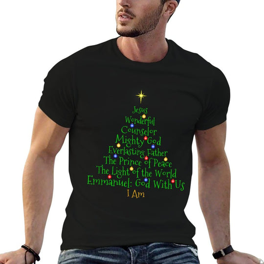 Christian Christmass Bible Names of Jesus Tree Shaped  Polyester Blend T-Shirt