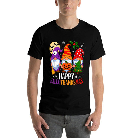 Happy HalloThanksMas Gnomes Halloween Thanksgiving Christmas  Summer-ready Fabric T-Shirt