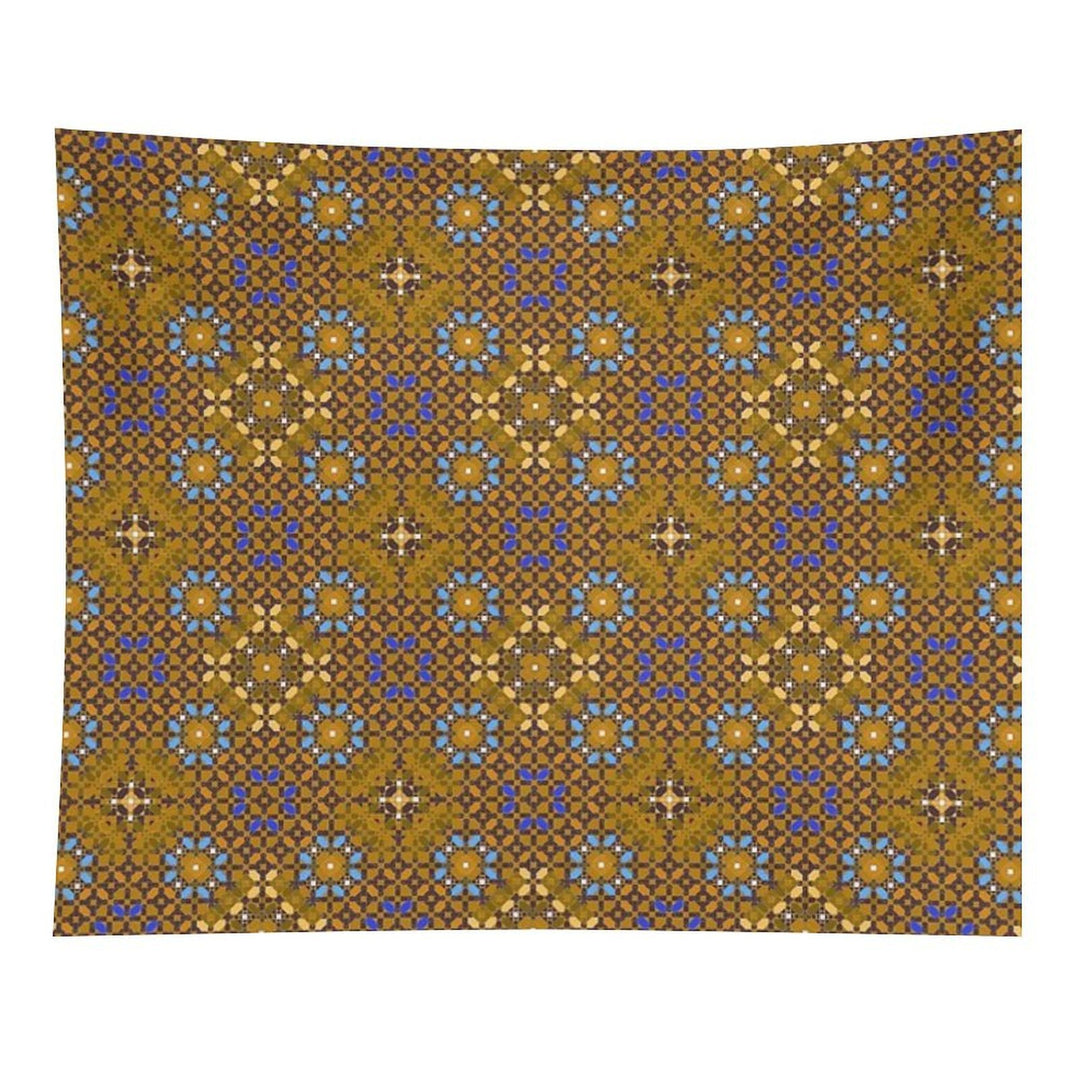 Golden Brown Geometric Composition with Turquoise Flowers Tapestry