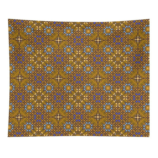 Golden Brown Geometric Composition with Turquoise Flowers Tapestry