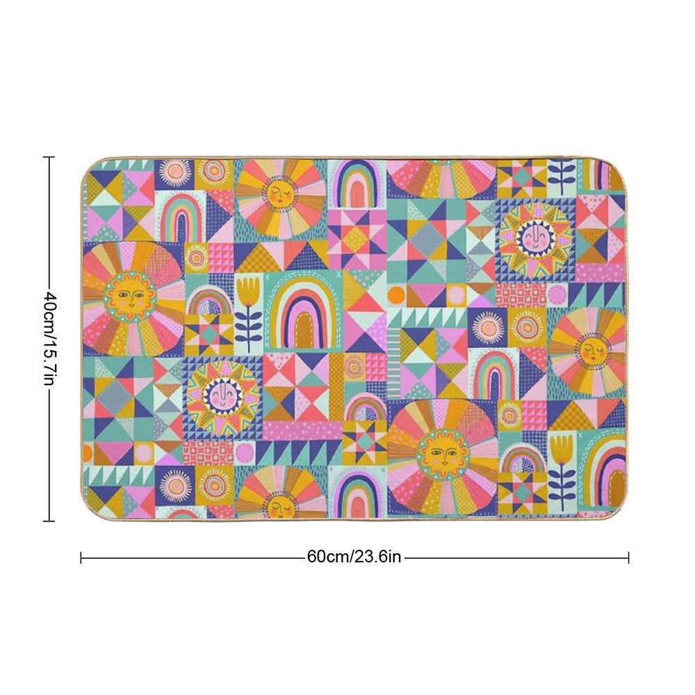 Sunny Patchwork with Aqua Blue  Long-Lasting Bath Mat