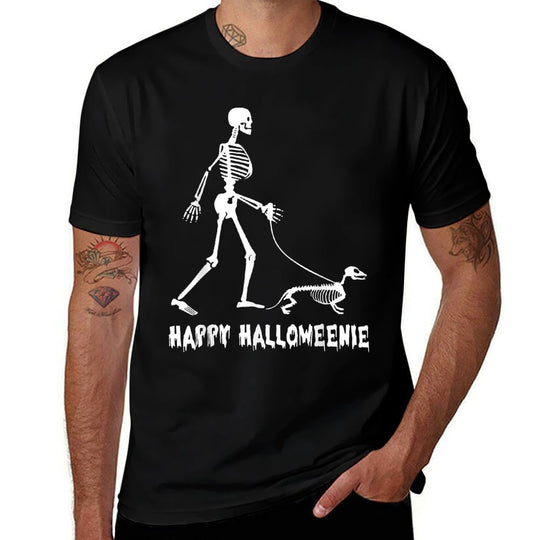 Happy Halloweenie Skeleton Walking Dachshund Dog Halloween for Men Women Kids Comfortable T-Shirt