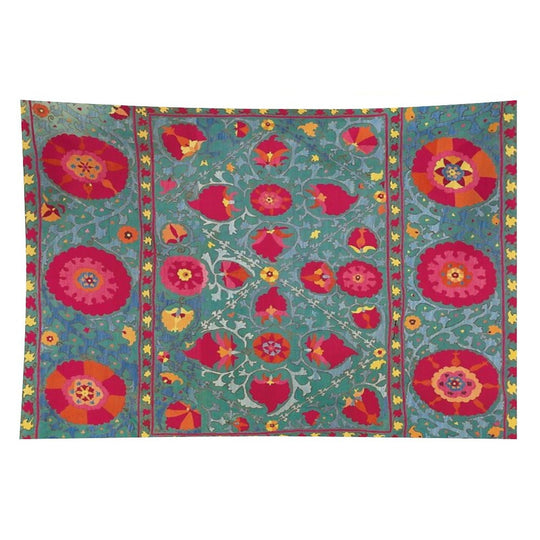 Bokhara Suzani Uzbekistan Embroidery Print With Sea Green Ground Print Tapestry