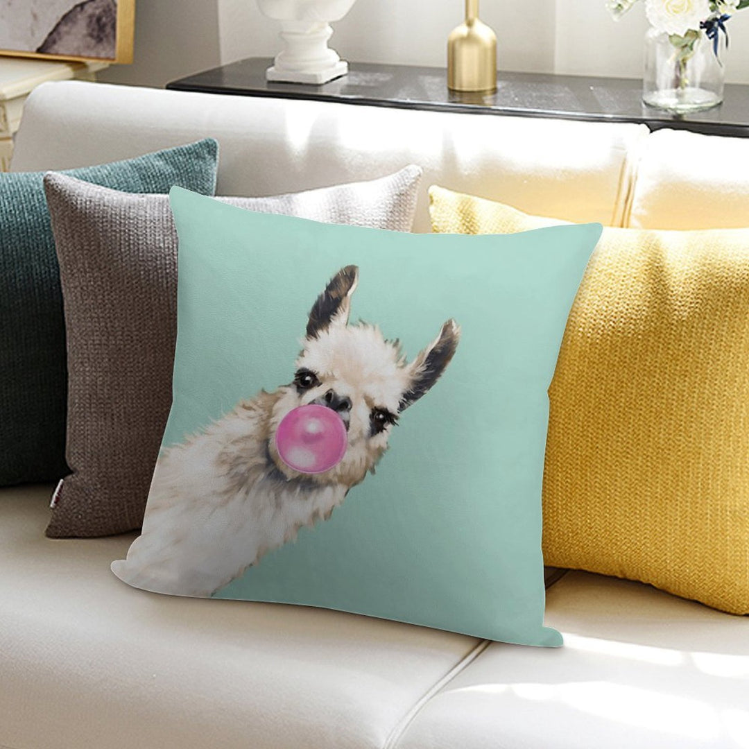 Bubble Gum Sneaky Llama in Green Soft Hidden Zipper Throw Pillow