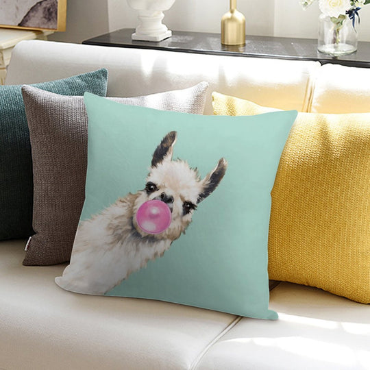 Bubble Gum Sneaky Llama in Green Soft Hidden Zipper Throw Pillow