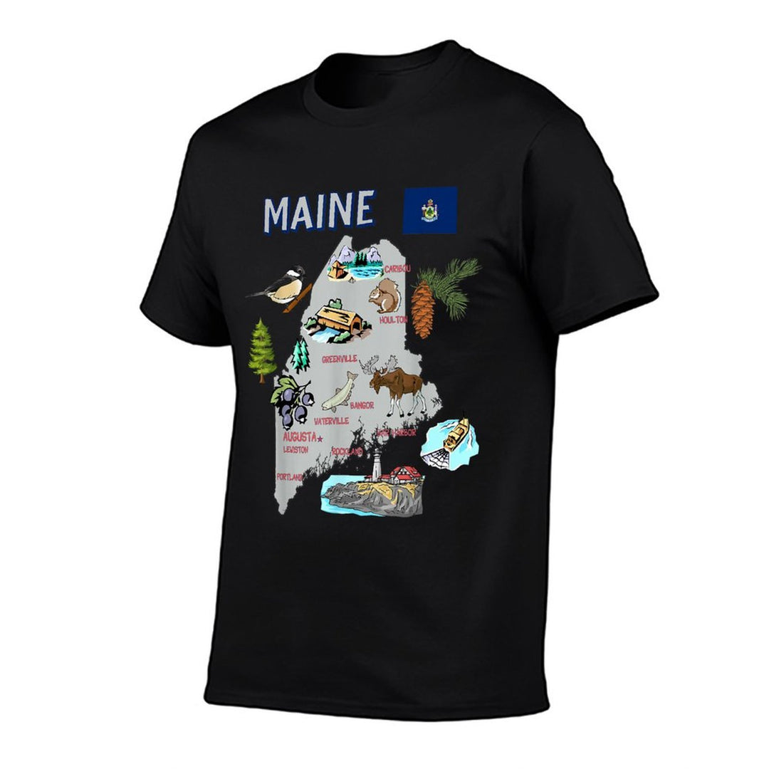Map of Maine State, Landmarks, Major Cities, Flag, USA  Fade-proof Color T-Shirt