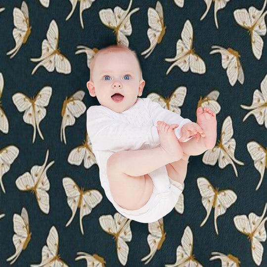 Luna Moth - Gold on Dark Teal Wrinkle-free Throw Blanket