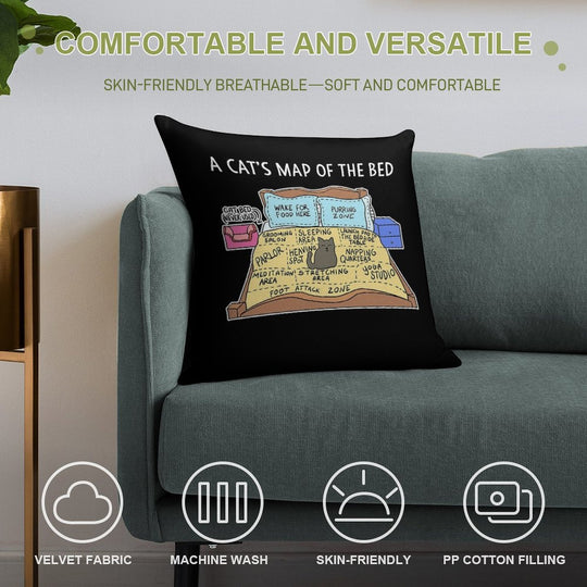 Cats Map of The Bed Funny Cat Gift for Cat Owner Soft Washable Throw Pillow