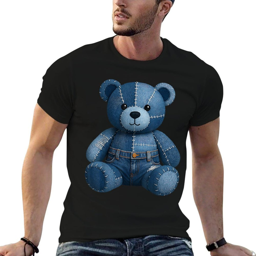 Funny Denim Patch Animal Bear Print Patchwork Art  Fade-proof Color T-Shirt