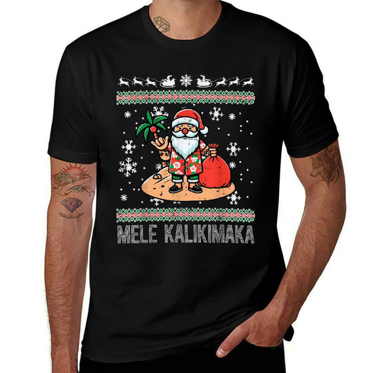 Christmas Santa Hawaii Mele Kalikimaka Ugly Xmas Men Women  Summer-ready Fabric T-Shirt