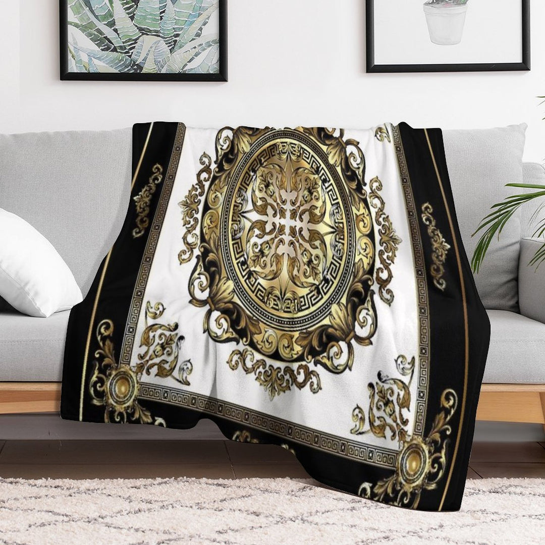 Ornate Baroque White Gold Black Greek Key Meander Sustainable Throw Blanket