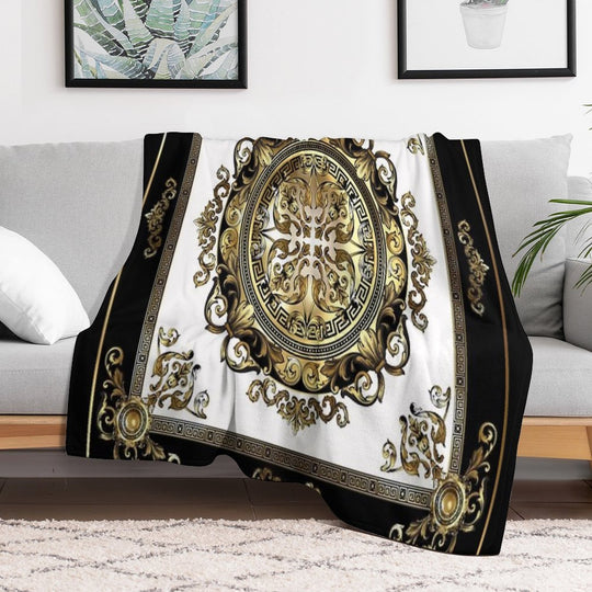 Ornate Baroque White Gold Black Greek Key Meander Sustainable Throw Blanket